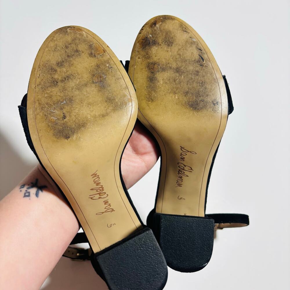 Sam Edelman Suede Scalloped Block Heel Sandals – Black Ankle Strap Heels - Picture 9 of 9